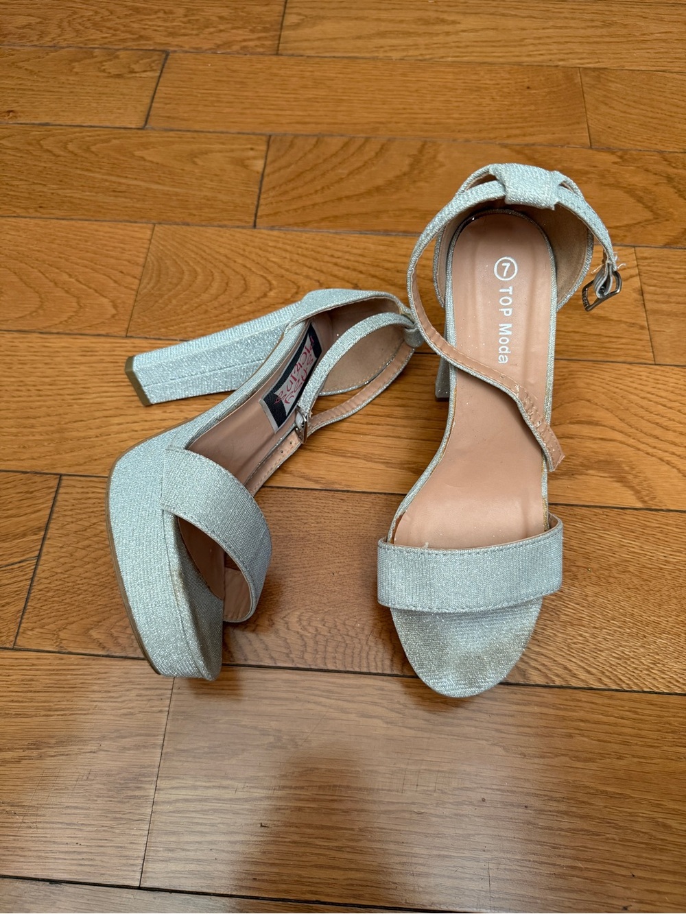 TOP Moda Shimmery Light Silver Open-Toe Ankle Strap Block Heels